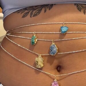 Natural Druzy Stone, Trimmed Gold, Zircon Belly Chain